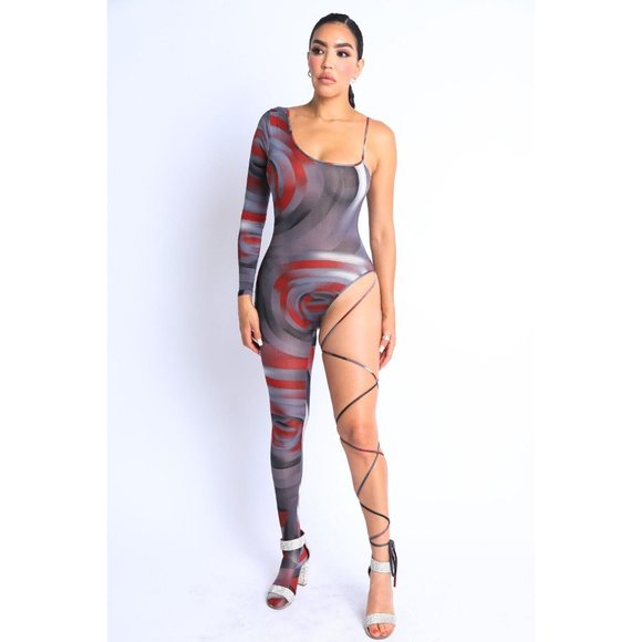 Women Paint Printed One Sleeve One Leg Tie Detailed Jumpsuit Sexy Jumpsuit - Picture 14 of 15